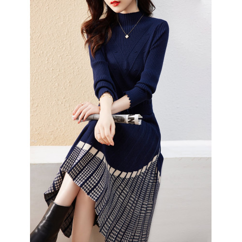 法式氣質拼接針織連衣裙女冬裝2025新款女裝收腰顯瘦打底毛衣裙子