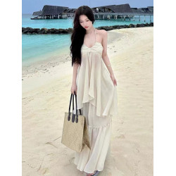 法式復古浪漫氛圍感超仙海邊度假抹胸掛脖吊帶套裝裙大擺飄逸長裙