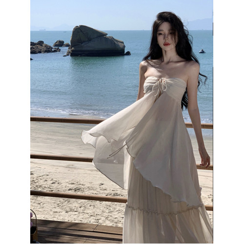 法式復古浪漫氛圍感超仙海邊度假抹胸掛脖吊帶套裝裙大擺飄逸長裙