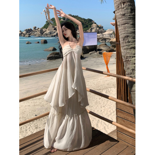 法式復古浪漫氛圍感超仙海邊度假抹胸掛脖吊帶套裝裙大擺飄逸長裙