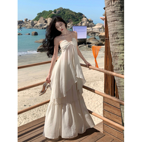 法式復古浪漫氛圍感超仙海邊度假抹胸掛脖吊帶套裝裙大擺飄逸長裙