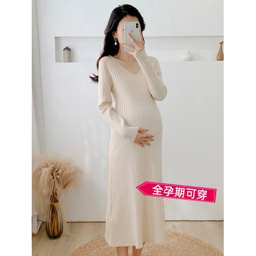 秋冬季針織長袖連衣裙配大衣打底裙大碼孕婦裝長款毛衣連衣裙顯瘦