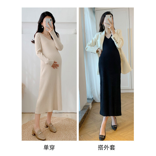 秋冬季針織長袖連衣裙配大衣打底裙大碼孕婦裝長款毛衣連衣裙顯瘦