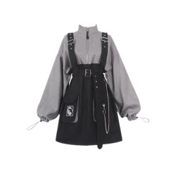 自製暗黑可拆卸背帶腰帶鏈條兩件套潮學院風甜酷秋冬衛衣連衣裙女