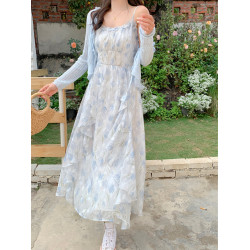 大碼胖mm茶歇藍色碎花吊帶連衣裙女氣質高級精緻長裙子開衫兩件套