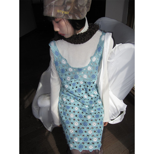 3months 小衆復古手工鉤花吊帶背心中長款連衣裙女曡穿外搭罩衫女