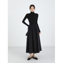 XinmonLee赫本風拼接高領A字連衣裙女秋款收腰修身顯瘦小衆設計感