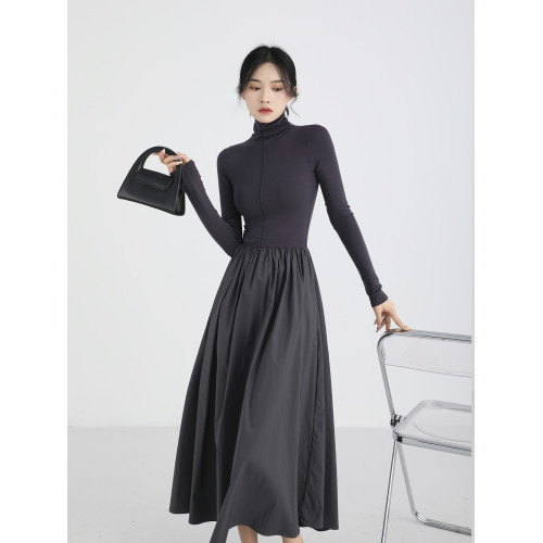 XinmonLee赫本風拼接高領A字連衣裙女秋款收腰修身顯瘦小衆設計感