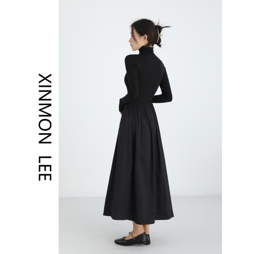 XinmonLee赫本風拼接高領A字連衣裙女秋款收腰修身顯瘦小衆設計感