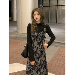 大碼復古紥染吊帶連衣裙套裝秋冬胖MM設計感寬松遮肉中長款裙子