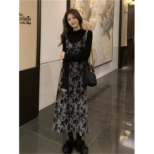 大碼復古紥染吊帶連衣裙套裝秋冬胖MM設計感寬松遮肉中長款裙子