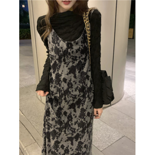 大碼復古紥染吊帶連衣裙套裝秋冬胖MM設計感寬松遮肉中長款裙子