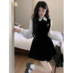 韓系溫柔風減齡高級感娃娃領長袖小黑裙小個子高級精緻連衣裙秋季