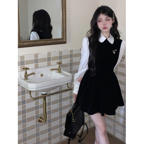 韓系溫柔風減齡高級感娃娃領長袖小黑裙小個子高級精緻連衣裙秋季