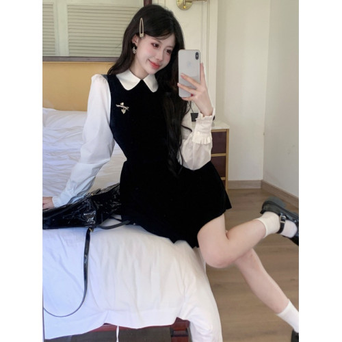 韓系溫柔風減齡高級感娃娃領長袖小黑裙小個子高級精緻連衣裙秋季