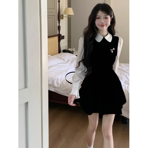 韓系溫柔風減齡高級感娃娃領長袖小黑裙小個子高級精緻連衣裙秋季