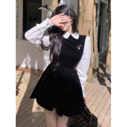 韓系溫柔風減齡高級感娃娃領長袖小黑裙小個子高級精緻連衣裙秋季