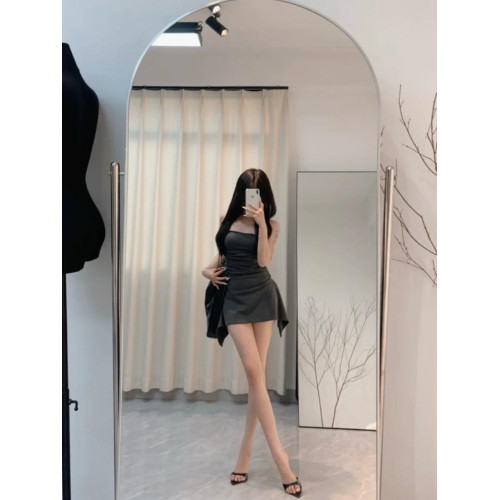 帶胸墊純欲褶皺掐腰辣妹修身百搭顯白A字魚尾抹胸連衣裙短裙子女