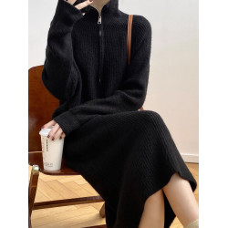 拉鍊翻領針織連衣裙女秋冬復古長款高領毛衣裙直筒加厚長袖打底裙