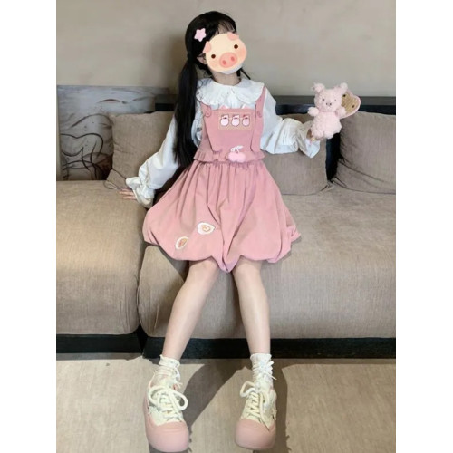 學院風小個子穿搭一整套俏皮活潑背帶裙兩件套裝花苞裙吊帶連衣裙