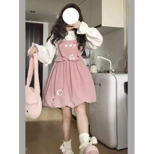 學院風小個子穿搭一整套俏皮活潑背帶裙兩件套裝花苞裙吊帶連衣裙