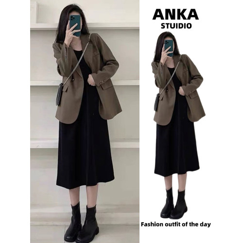 春秋新款大碼胖mm鹽系穿搭遮肉顯瘦西裝外套吊帶連衣裙兩件套裝女