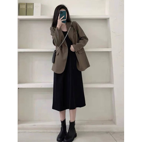 春秋新款大碼胖mm鹽系穿搭遮肉顯瘦西裝外套吊帶連衣裙兩件套裝女