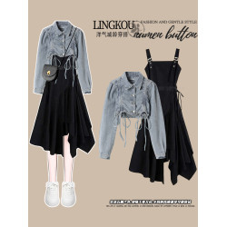 大碼春秋牛仔套裝女設計感寬松外套氣質不規則吊帶連衣裙兩件套