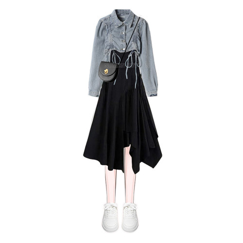 大碼春秋牛仔套裝女設計感寬松外套氣質不規則吊帶連衣裙兩件套