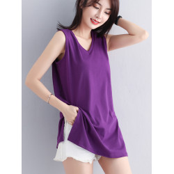 黑色寬松V領中長款背心女內搭夏季新款外穿開叉下擺無袖t恤打底衫