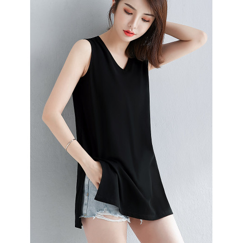 黑色寬松V領中長款背心女內搭夏季新款外穿開叉下擺無袖t恤打底衫