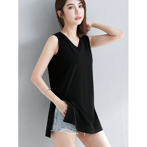 黑色寬松V領中長款背心女內搭夏季新款外穿開叉下擺無袖t恤打底衫