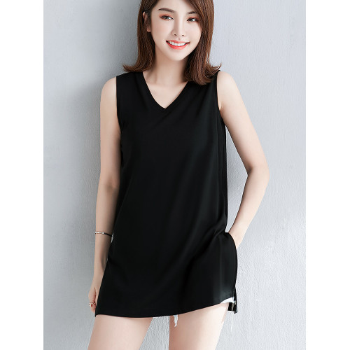 黑色寬松V領中長款背心女內搭夏季新款外穿開叉下擺無袖t恤打底衫