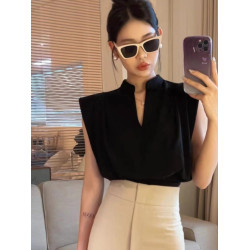 無袖背心T恤女裝夏季新款套頭正肩小飛袖法式掐腰v領短款顯瘦上衣