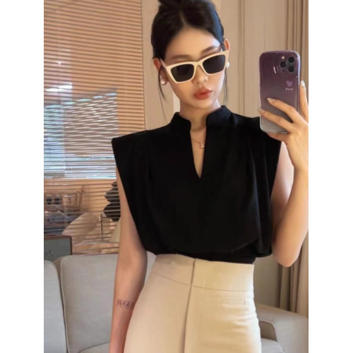 無袖背心T恤女裝夏季新款套頭正肩小飛袖法式掐腰v領短款顯瘦上衣