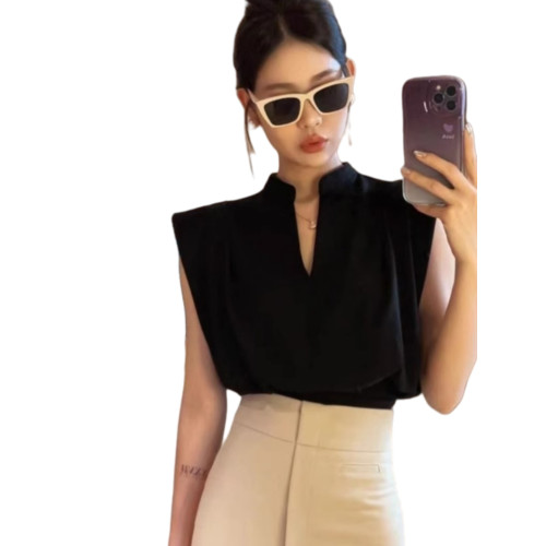 無袖背心T恤女裝夏季新款套頭正肩小飛袖法式掐腰v領短款顯瘦上衣