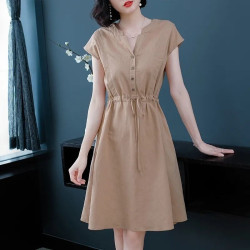 棉麻V領中長款連衣裙女春夏新款大碼收腰顯瘦A字裙氣質半身裙子潮