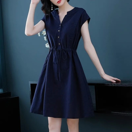 棉麻V領中長款連衣裙女春夏新款大碼收腰顯瘦A字裙氣質半身裙子潮