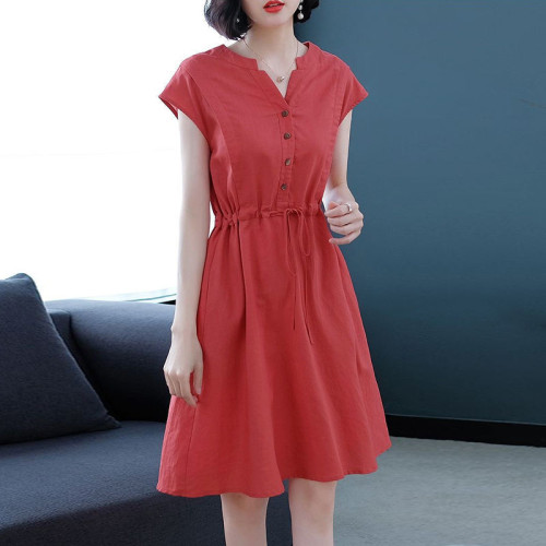 棉麻V領中長款連衣裙女春夏新款大碼收腰顯瘦A字裙氣質半身裙子潮