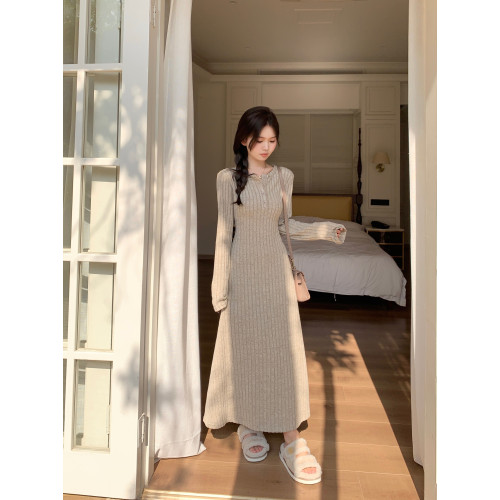大碼女裝打底純色長袖針織連衣裙胖mm顯瘦冬季加絨加厚法式長裙子