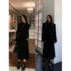 pusumede黑色半高領針織連衣裙女長袖打底裙修身顯瘦氣質包臀短裙