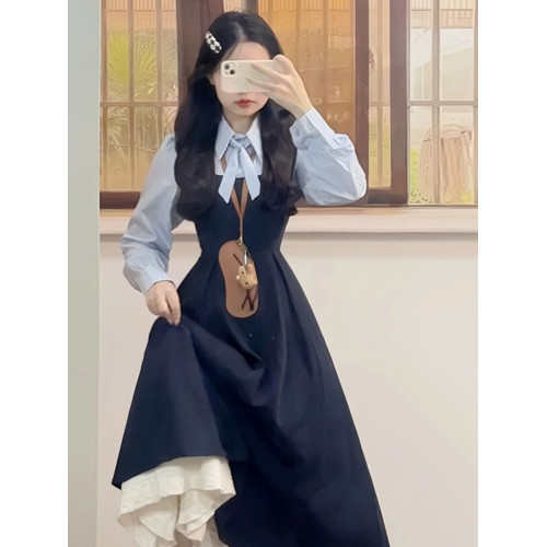 韓系氛圍感穿搭條紋假兩件polo連衣裙女春季高級感收腰a字長裙子