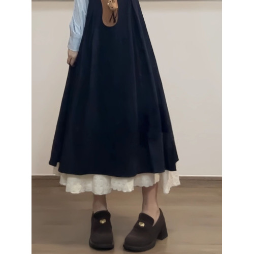 韓系氛圍感穿搭條紋假兩件polo連衣裙女春季高級感收腰a字長裙子