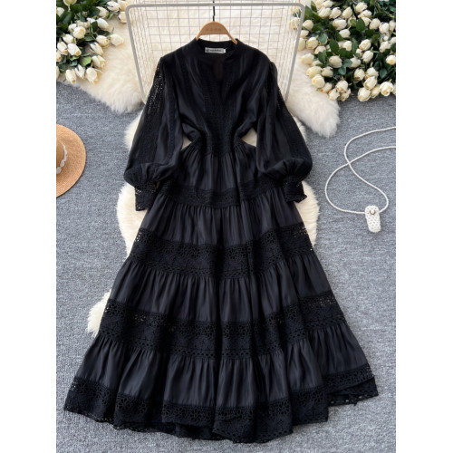 法式復古小衆蕾絲拼接燈籠袖連衣裙女收腰顯瘦氣質過膝優雅長裙子