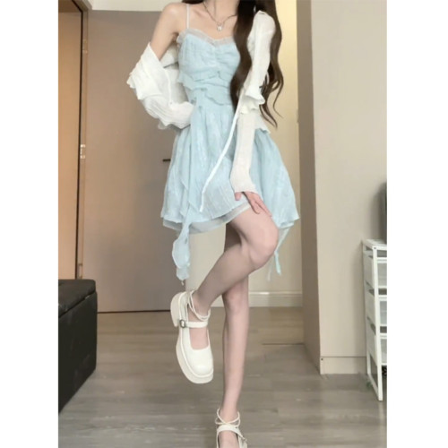 藍色吊帶連衣裙女夏季海邊度假小個子公主裙別致獨特辣妹A字短裙