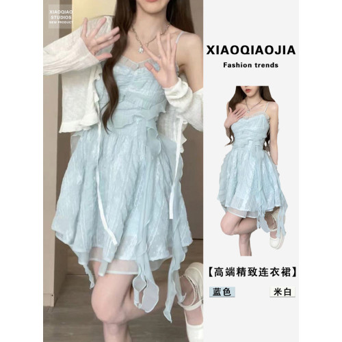 藍色吊帶連衣裙女夏季海邊度假小個子公主裙別致獨特辣妹A字短裙