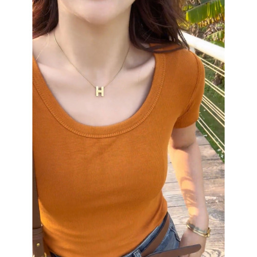 歐貨低領螺紋短袖上衣女修身百搭洋氣顯瘦緊身爆款U領鎖骨t恤女夏