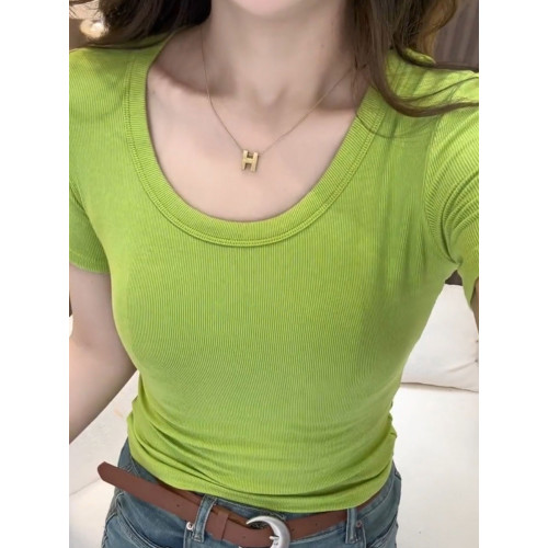 歐貨低領螺紋短袖上衣女修身百搭洋氣顯瘦緊身爆款U領鎖骨t恤女夏