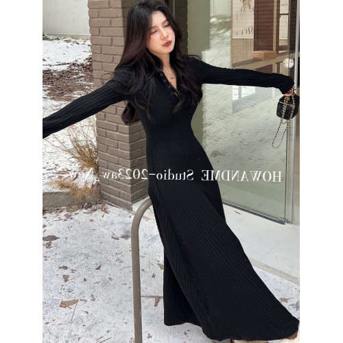 赫本風針織連衣裙女秋冬新款配大衣修身顯瘦打底內搭包臀過膝長裙