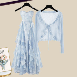 法式復古吊帶連衣裙女夏季2025新款海邊度假長裙子設計感披肩上衣